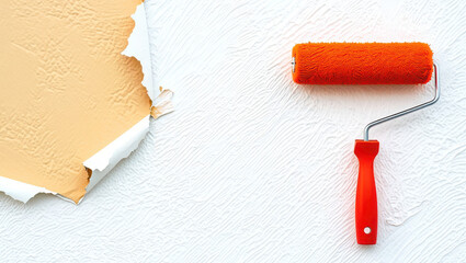 Obraz premium Orange paint roller on a white wall with peeling wallpaper