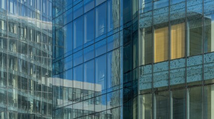 Modern glass skyscraper reflection with urban architecture and city buildings in daytime sunlight