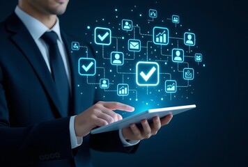 Professional businessman using tablet with glowing checkmarks and data icons representing success and achievement in digital world