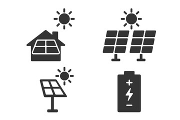 Solar power glyph icons set. Vector symbols for renewable energy. Rooftop solar on house, solar farm, sun panel tracker, battery storage. Clean green electric technology concept.