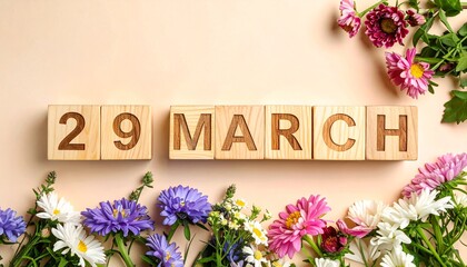 Wooden Blocks with Date 29 March. Floral Calendar – Vibrant Flowers on Solid Colored Background