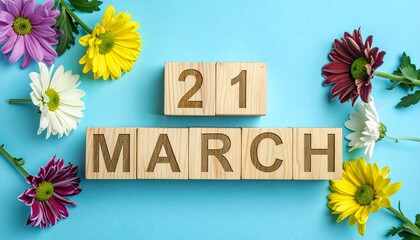 Wooden Blocks with Date 21 March. Floral Calendar – Vibrant Flowers on Solid Colored Background