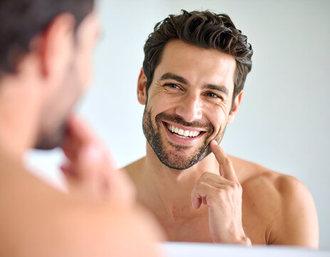 Attractive man with a bright white smile touching his face and looking in the mirror, happy with his morning grooming and skincare routine