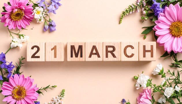 Wooden Blocks with Date 21 March. Floral Calendar – Vibrant Flowers on Solid Colored Background
