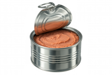 Metallic tin can opened, revealing creamy pate content, isolated on transparent background, ready for usage