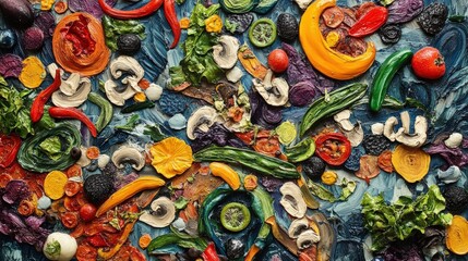 Fototapeta premium Colorful vegetable and fruit artwork on a textured surface.