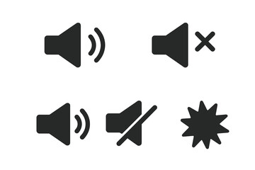 Sound icons set vector graphic. Volume control, loud speaker, mute button, silence, and noise burst symbols. Audio UI pictogram for web and mobile app interface design.