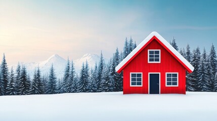 Snowy Winter Landscape with Bright Red House Surrounded by Tall Evergreen Trees