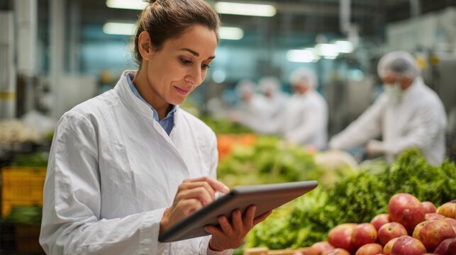 Food safety inspector woman checking inventory on tablet in modern commercial warehouse  