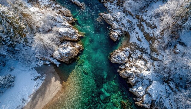 Aerial view of a snow-covered river inlet