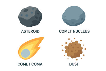 Space object icon set. Isometric flat vector illustration of comet and asteroid parts. Includes asteroid rock, comet nucleus, coma, and cosmic dust. Astronomy infographic element.