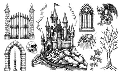 Gothic architecture hand-drawn vector illustration. Fantasy castle sketch. Halloween design elements. NOT AI generated