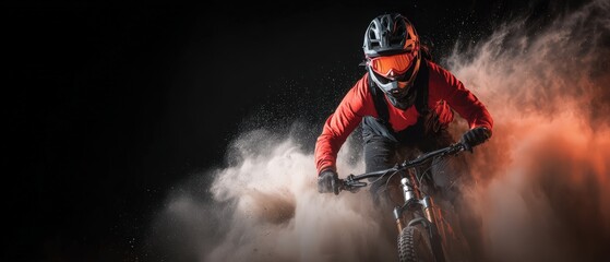 Dynamic mountain biking rider in red jacket and helmet splashing through muddy trail at night