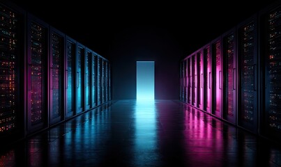 Server room with blue and pink lit racks, leading to a bright opening