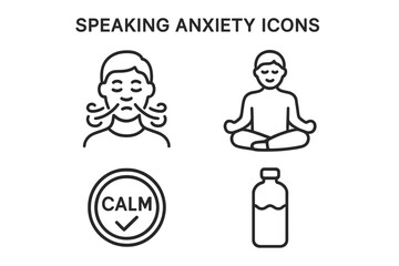 Speaking anxiety and glossophobia outline icons. Public speaking fear management concept. Deep breathing, meditation, calm reassurance, hydration vector icon set. Mental health.