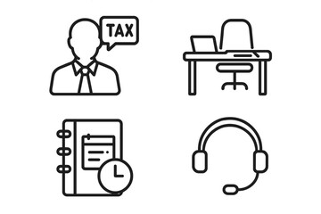 Tax consultation icons set with advisor silhouette, office desk workspace, appointment calendar with clock, and customer support headset, vector outline illustration for financial services