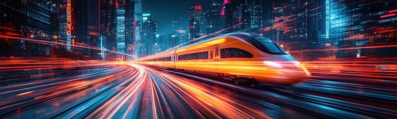 Fototapeta premium Train on a track in a city at night banner