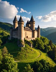 Majestic castle perched atop a hill, surrounded by lush greenery and mountains