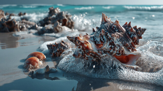 Summer sale vector design banner. Summer background with top view on realistic seashells and starfishes on beach in sea water. Vector illustration with special discount offer.