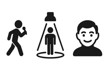 Solid filled vector icons of stage presence and public speaking, walking speaker with microphone, spotlight on person, confident smiling face, performance and presentation concepts
