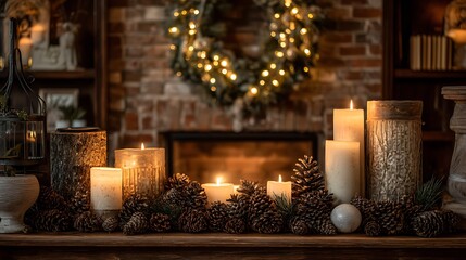 A Cozy Christmas Mantelpiece Display with Candles and Pine Cones