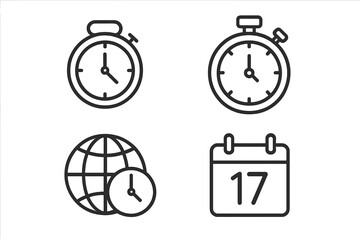 Time management icons set, outline vector illustration of countdown timer, stopwatch, world clock globe, calendar date, productivity and scheduling tools collection