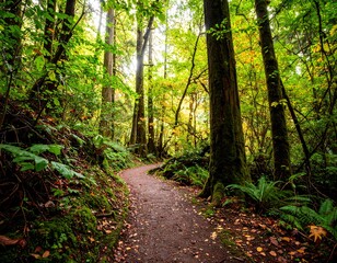 Obraz premium Winding trail through lush green forest with ferns and mossy trees
