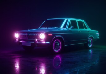 Classic car illuminated with neon lights in dark studio setting  