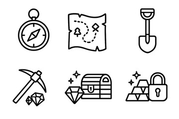 Treasure hunter tools icons set including compass, map with route, shovel, pickaxe with gems, treasure chest, gold bars with lock, outline vector illustration transparent background