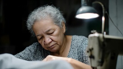 Elderly woman sewing under a lamp, focused and serene, crafting in a cozy workspace, exploring traditional skills, celebrating Grandparents Day