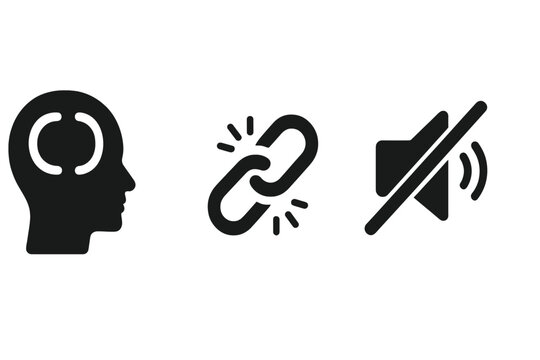 Stigma reduction icons collection. Solid filled vector set illustrating efforts to break mental barriers: open mind symbol, broken chain link, silence muted icon, mental health awareness.