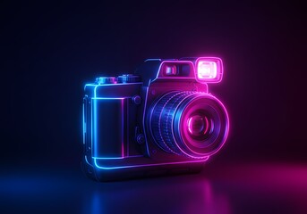 Neon camera with glowing lines on dark background