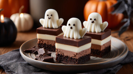 Chocolate ghost Halloween dessert cake layered white chocolate cute festive autumn
