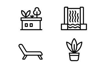 Urban rooftop icons set with outline style including rooftop garden with plants, waterfall feature, lounge chair for relaxation, and potted plant vector illustrations on transparent background