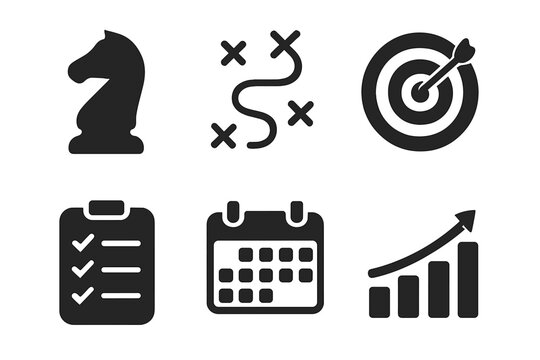 Strategic Planning Icons Set with Chess Knight, Roadmap, Target, Checklist, Calendar, Growth Chart, and Business Development Symbols Vector Illustration on Transparent Background