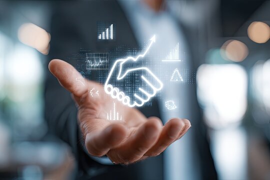 Businessman's hand displaying a holographic handshake overlaid with financial data