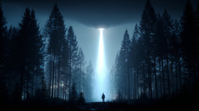 Alien spaceship beam mysterious forest night silhouette person tall pine tree blue light dramatic suspenseful extraterrestrial encounter