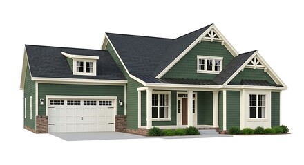 Craftsman Style Home with Green Siding Dark Roof and White Trim Exterior Design for Real Estate Architecture