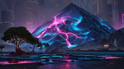 Surreal concept of technology metaverse. Concept of virtual digital reality. Simulation of network futuristic world or metaverse. 3d vector illustration with neon circle. Innovation global technology.