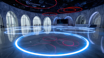 Surreal concept of technology metaverse. Concept of virtual digital reality. Simulation of network futuristic world or metaverse. 3d vector illustration with neon circle. Innovation global technology.