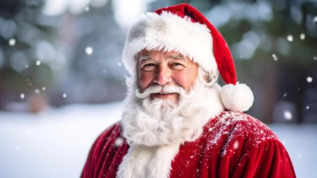 Smiling Santa portrait, snowy backdrop