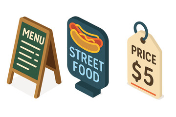 Isometric Street Food Icon Set with Chalkboard Menus, Neon Hot Dog Signage, and Price Tag Label Vector Illustration for Food Stall Branding
