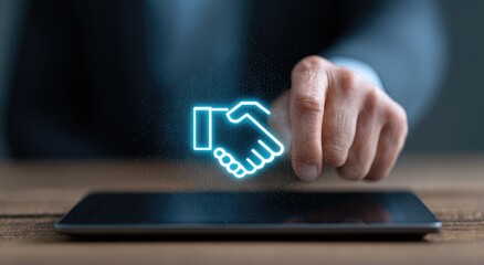 Business handshake icon appears on a tablet.  Business hands interact with a digital handshake graphic overlaid on a tablet screen