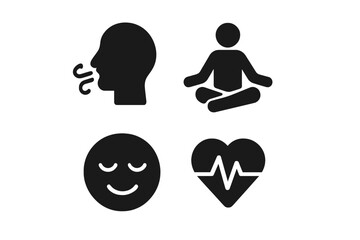 Stress relief icons set with deep breathing, yoga pose, calm face, heartbeat heart monitor, anxiety reduction, relaxation, mindfulness, mental health symbols, vector illustration