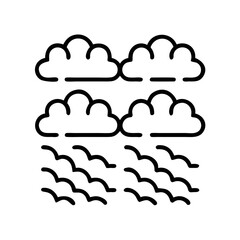 Minimalist rain icon: four clouds and rainfall rendered as simple outlines on black background