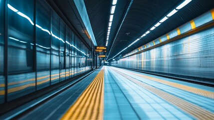Fototapeta premium Modern metro station tunnel, bright lights, smooth surfaces