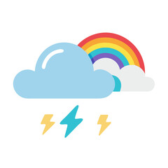 Illustrative cartoon of storm cloud with lightning bolts and colorful rainbow on a black background