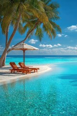 Fototapeta premium Tropical beach paradise with loungers and umbrella