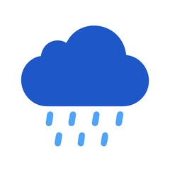 A blue raincloud with raindrops against a black background, minimalistic weather icon.