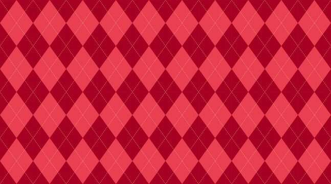 Christmas rhombus seamless pattern. Xmas red plaid texture with gold line. Argyle geometric diamond abstract pattern. Christmas design wrapping bg. Vector illustration isolated on red background.
